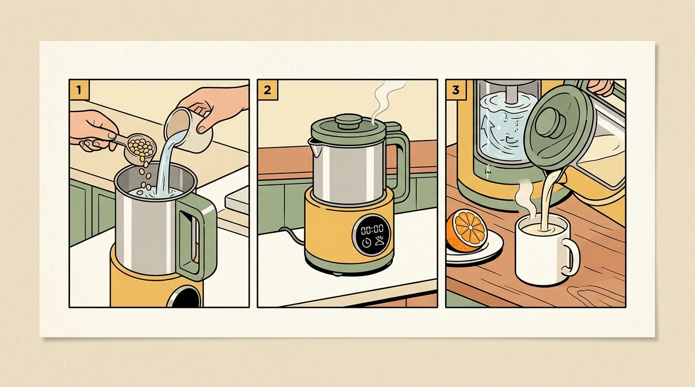 Three-panel illustration showing soybeans added to a maker, brewing on a counter, and pouring warm milk into a mug.