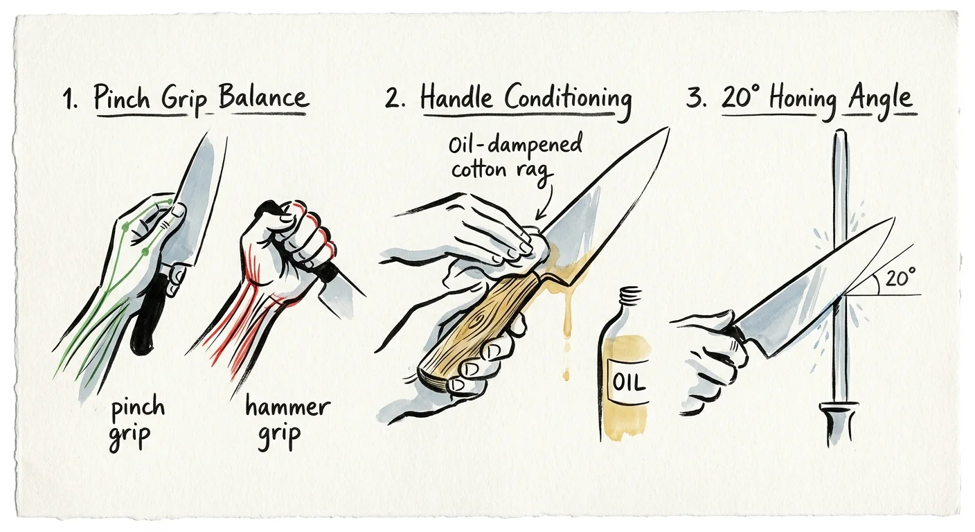 Three-panel ink sketch illustrating ergonomic pinch grip technique and knife blade maintenance with a honing rod.