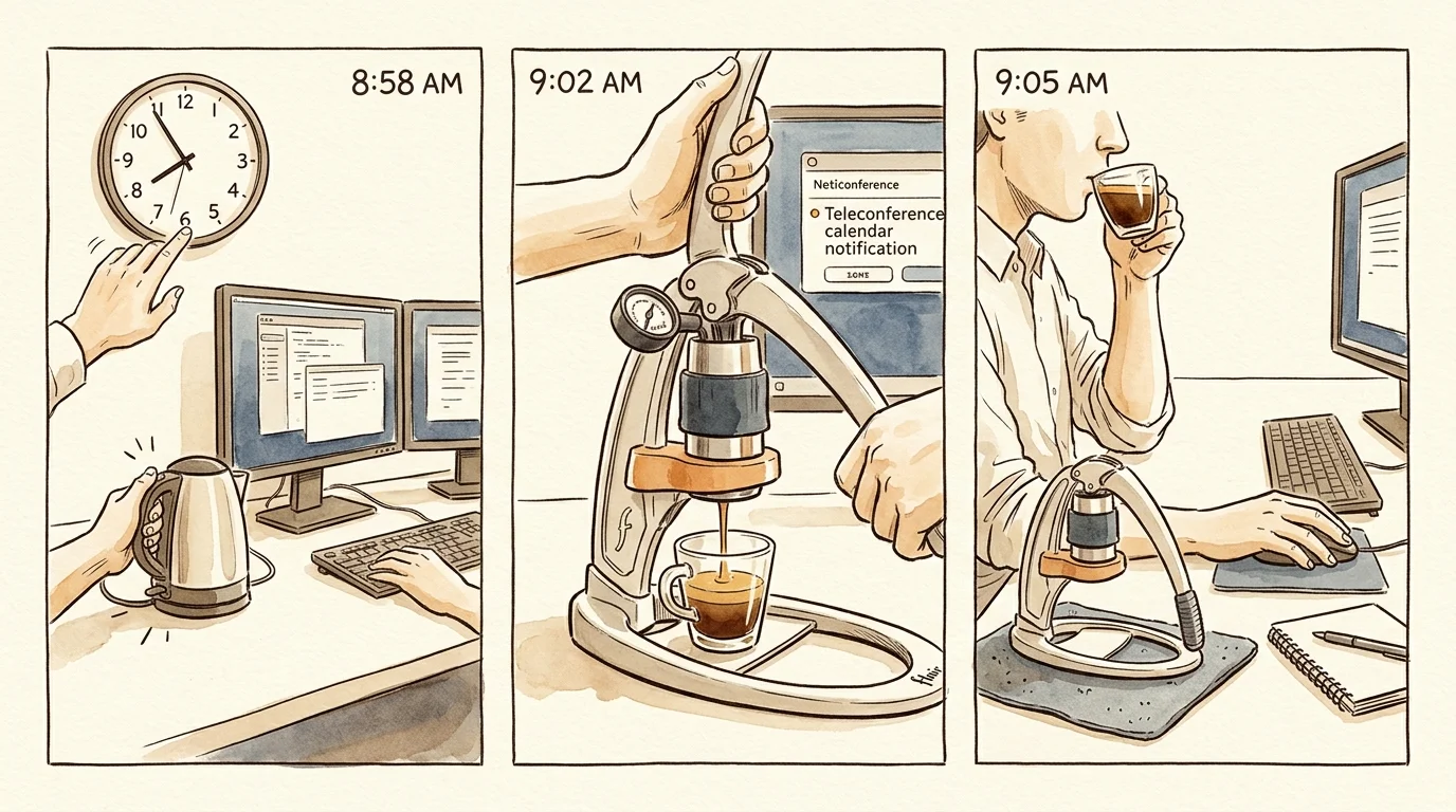 Three-panel ink sketch showing someone boiling water, pulling manual lever espresso, and sipping coffee at a desk.