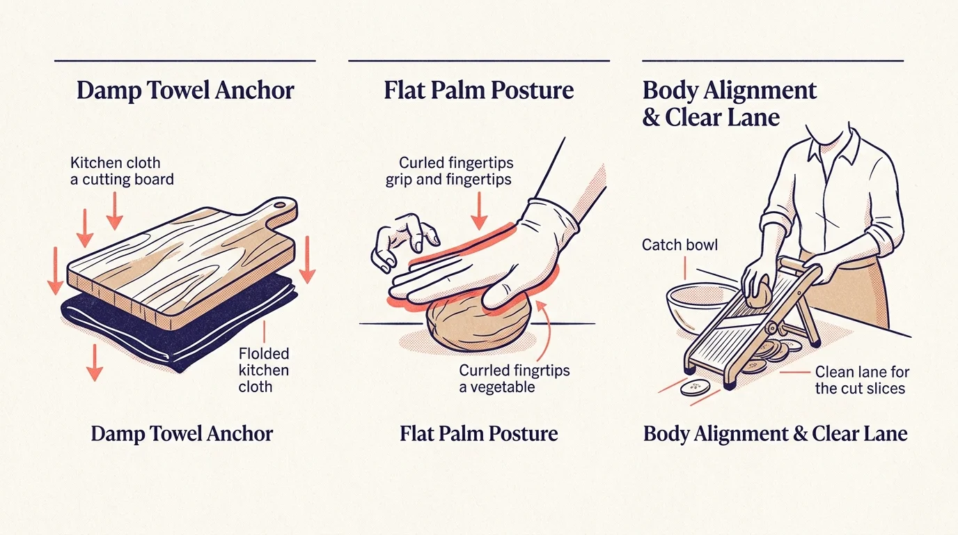 Three-panel diagram illustrating mandoline safety: damp towel anchor, flat palm posture, and proper body alignment.