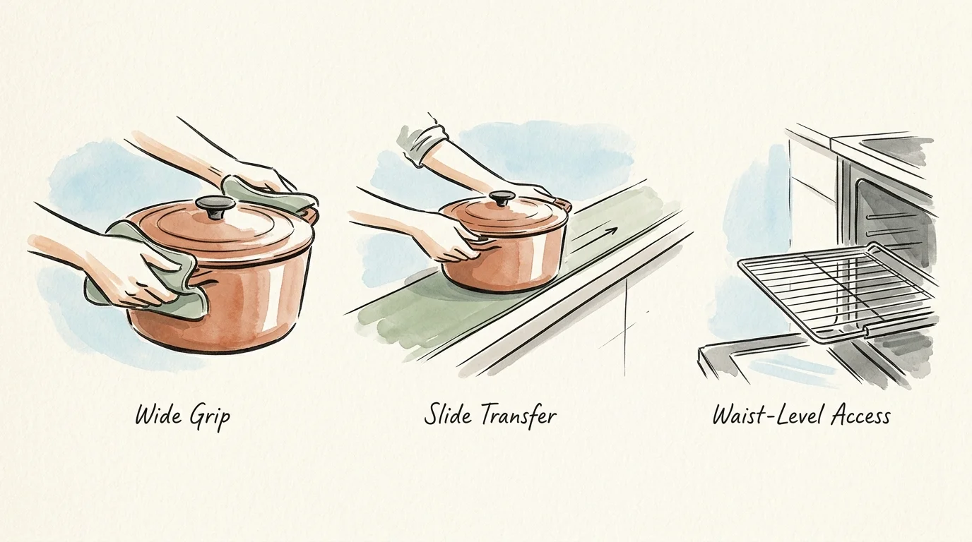 Three-panel watercolor sketch demonstrating wide grip, slide transfer along a counter, and waist-level oven access.