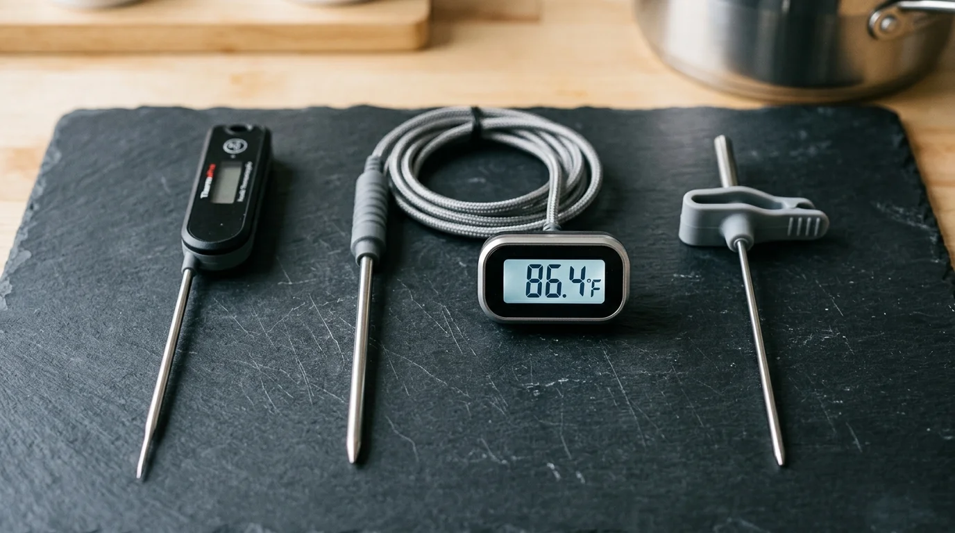 Three digital cooking thermometers with probes arranged on a dark slate board on a wooden counter.