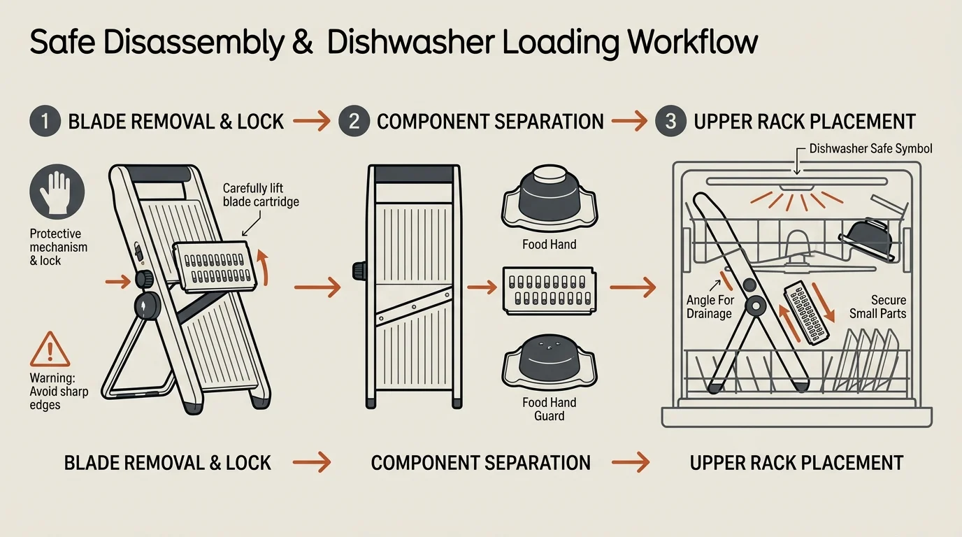 Diagram outlining three steps: blade removal and lock, component separation, and upper rack placement inside a dishwasher.