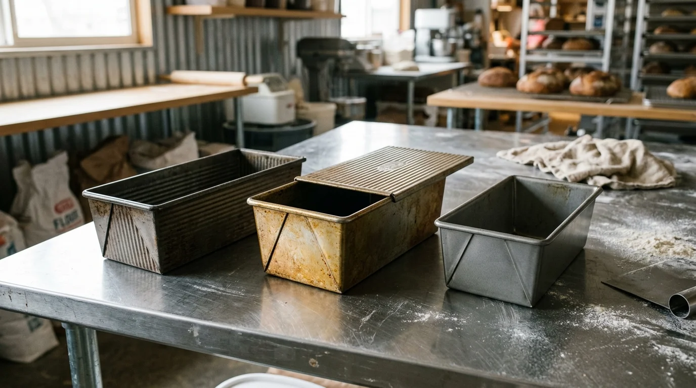 Three metal loaf pans, one with a grooved sliding lid, sit on a stainless steel bakery table dusted with flour.