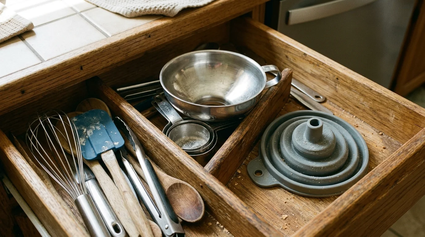 Open wooden drawer holding cooking utensils, measuring cups, a metal funnel, and a collapsed grey silicone funnel.