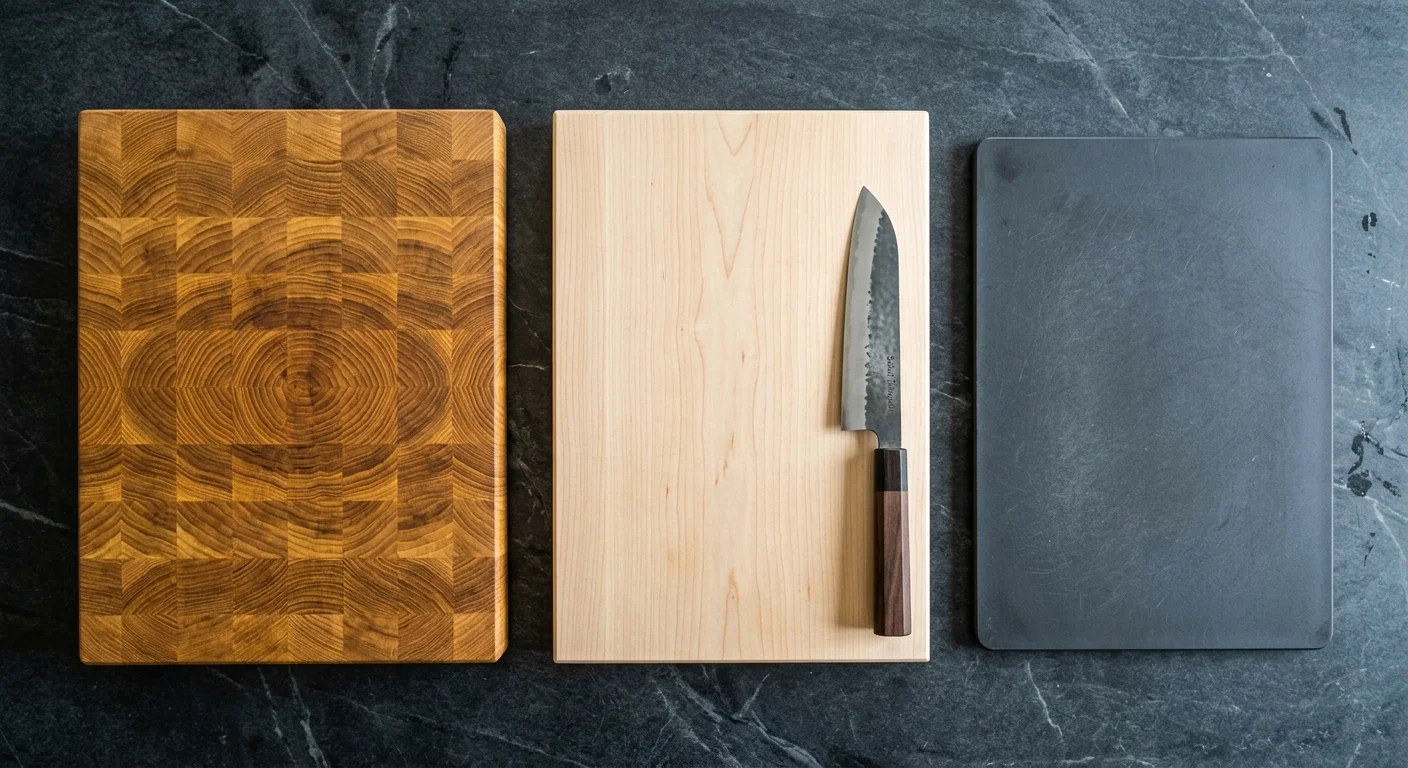 Three cutting boards of end-grain wood, light timber with a chef knife, and dark synthetic slate lie on a stone counter.