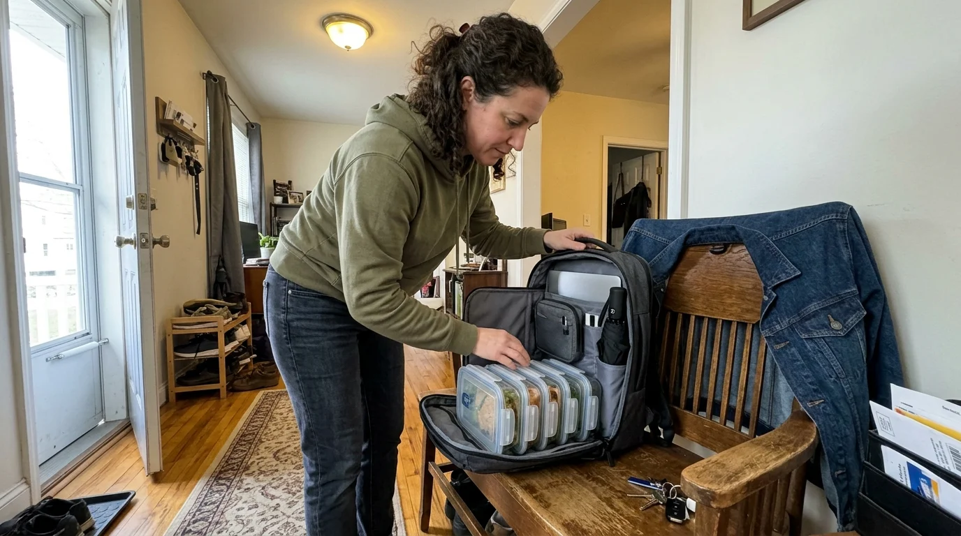 A woman packs five meal prep containers into an open backpack containing a laptop resting on a wooden chair.