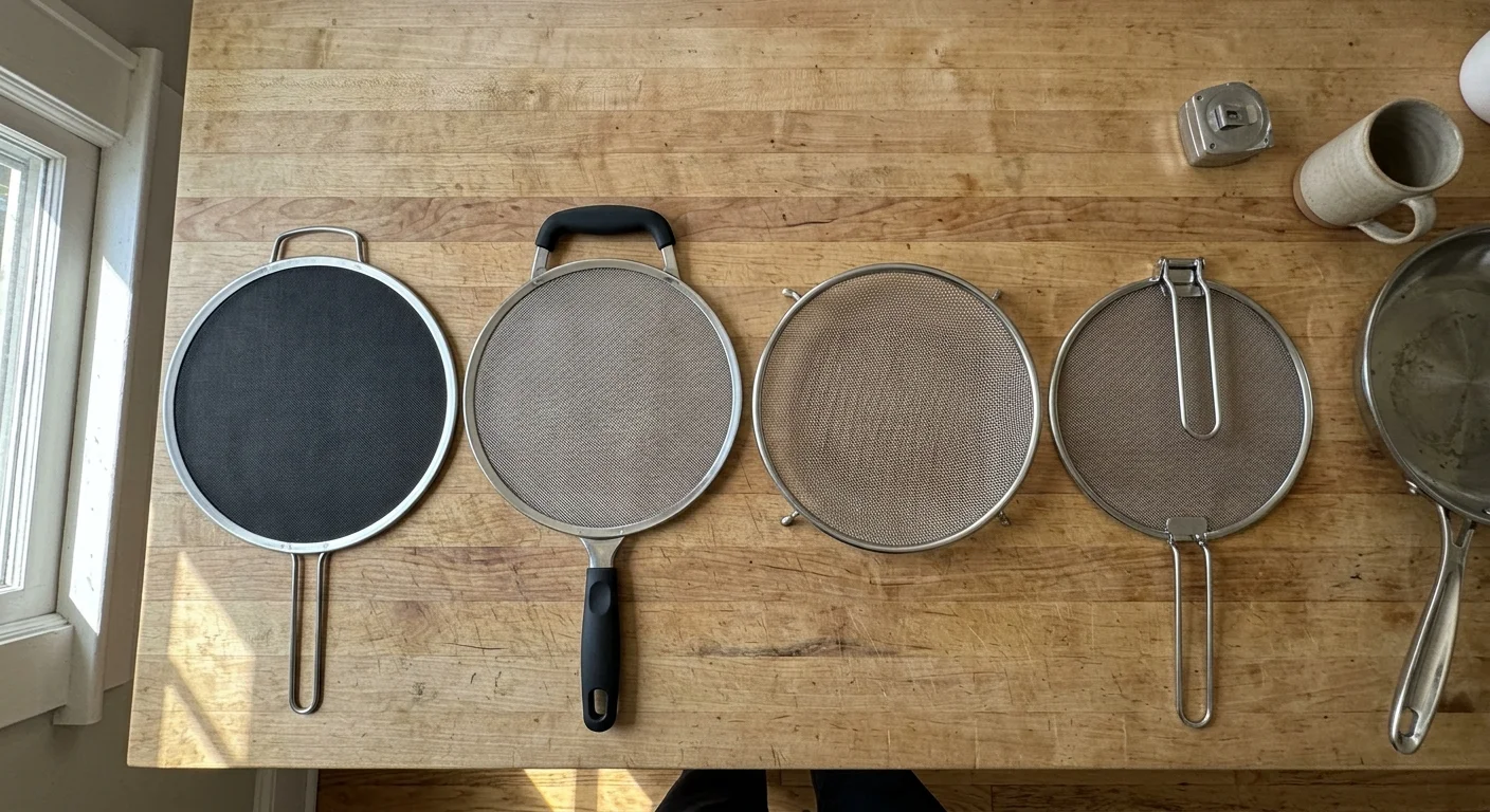 Four circular splatter screens with metal rims laid out in a row on a wooden butcher-block countertop.