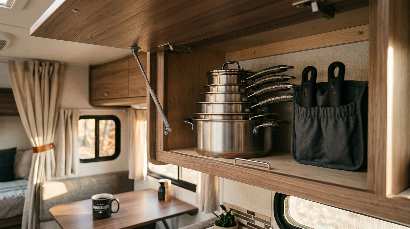 Stack of nested stainless steel pots inside an open wooden overhead cabinet in a camper.