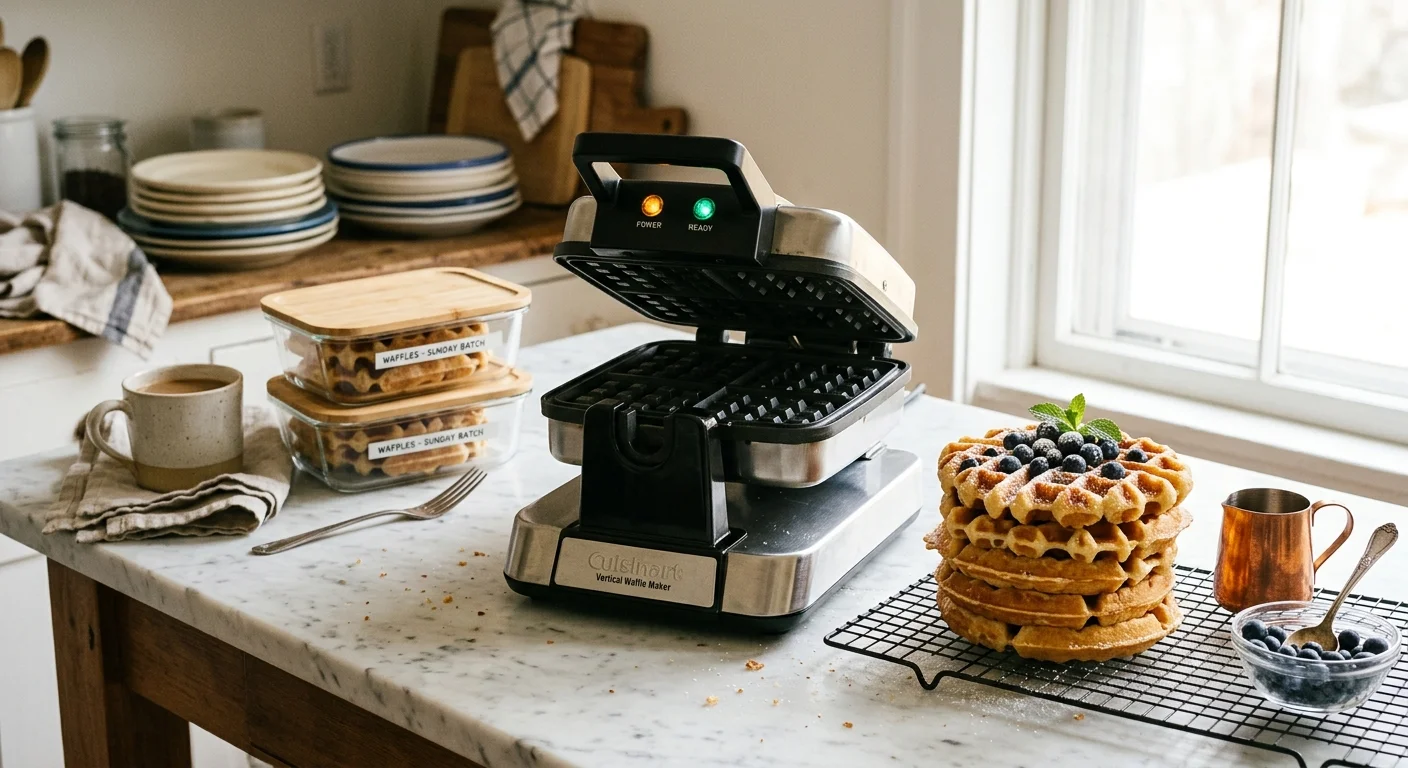 Open vertical waffle maker on a marble counter beside stacked waffles topped with blueberries and meal-prep glass containers.