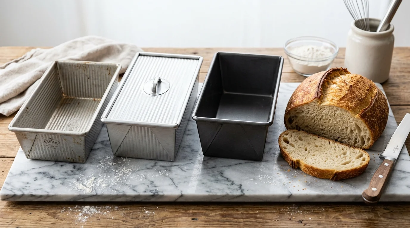 Three metal loaf pans arranged next to a loaf of sliced crusty bread on a marble slab.