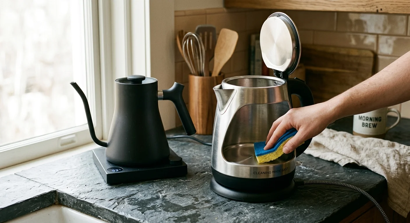 Two electric kettles on a slate counter, one with a wide open lid revealing an accessible stainless steel interior.