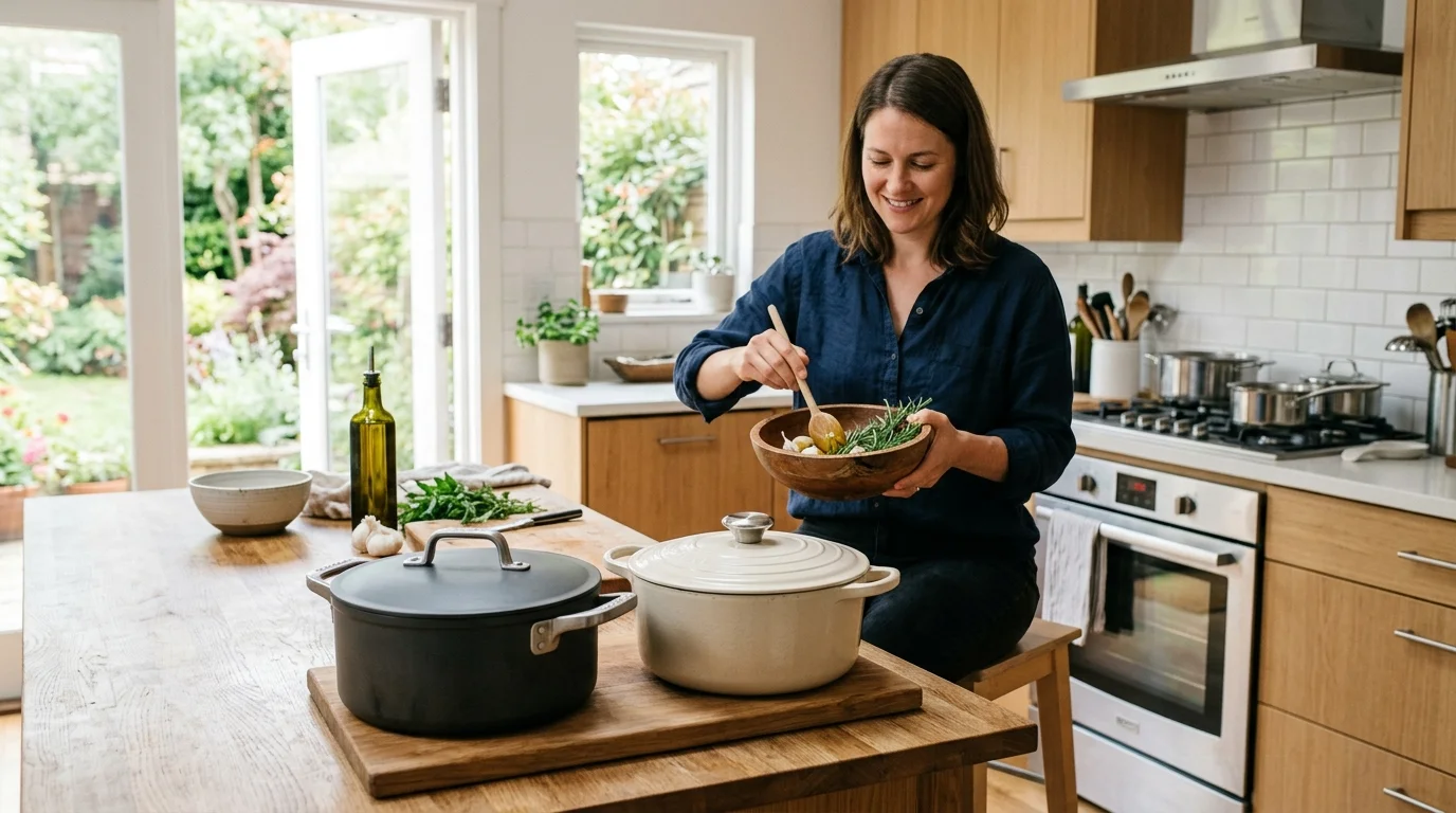 A smiling woman prepares ingredients in a bright kitchen with two Dutch ovens resting on the island.
