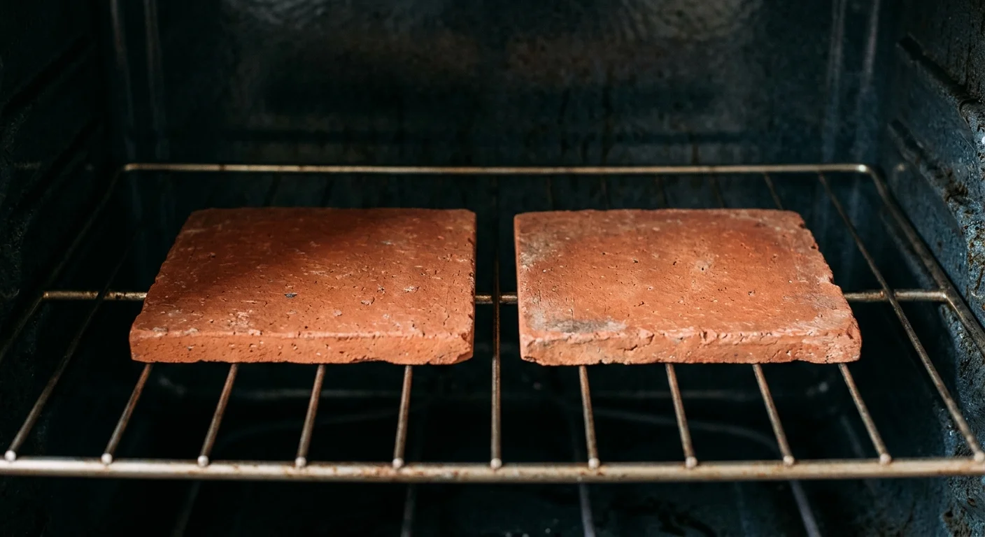 Two square terracotta quarry tiles resting side by side on a metal wire oven rack inside an oven.