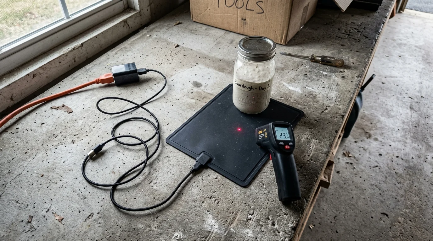 A sourdough starter jar and infrared thermometer sit on a black silicone heating mat on a concrete workbench.