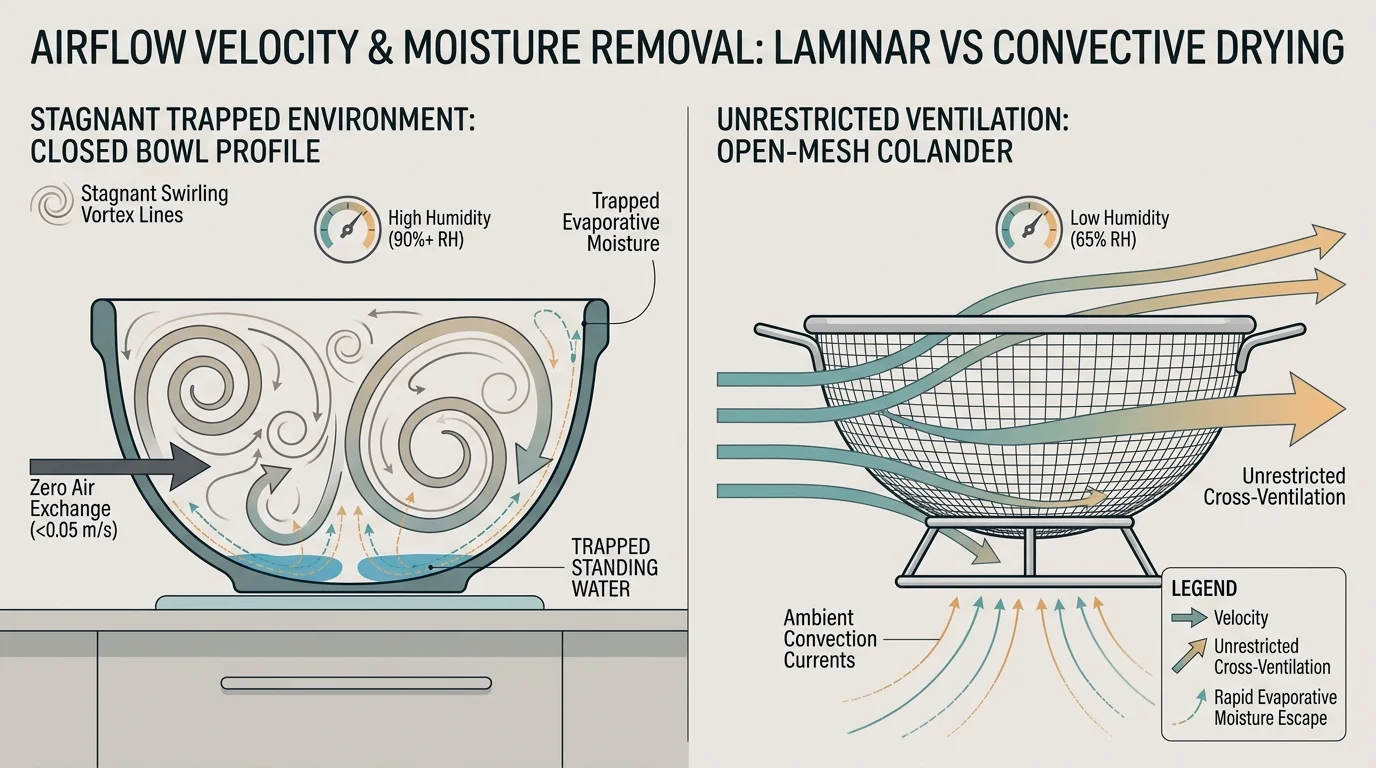 Diagram comparing trapped stagnant airflow inside a closed bowl to unrestricted cross-ventilation through an open-mesh colander.