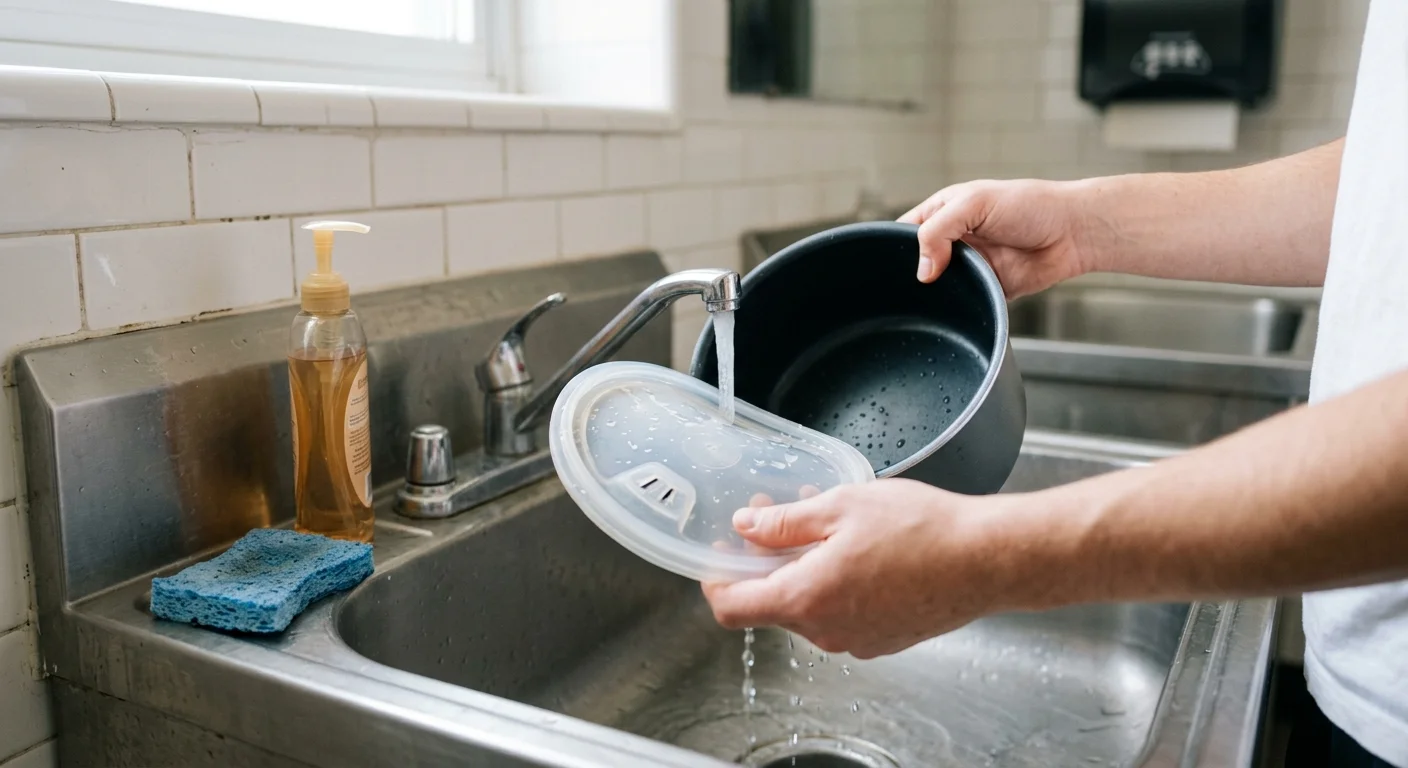 Hands holding a small cooker pot and plastic lid under running tap water in a stainless steel sink.