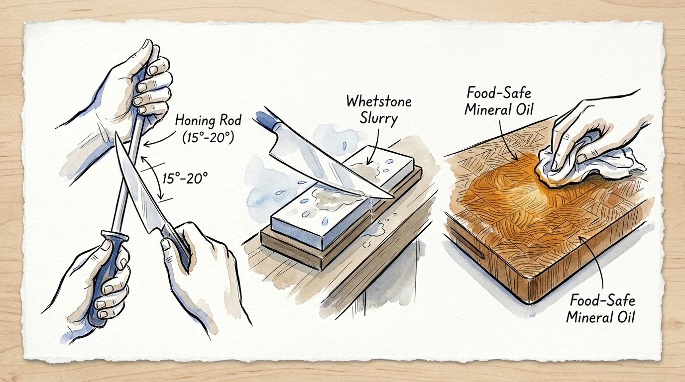 Three sketches showing a knife honed on a rod, a blade sharpened on a whetstone, and a wooden cutting board being oiled.