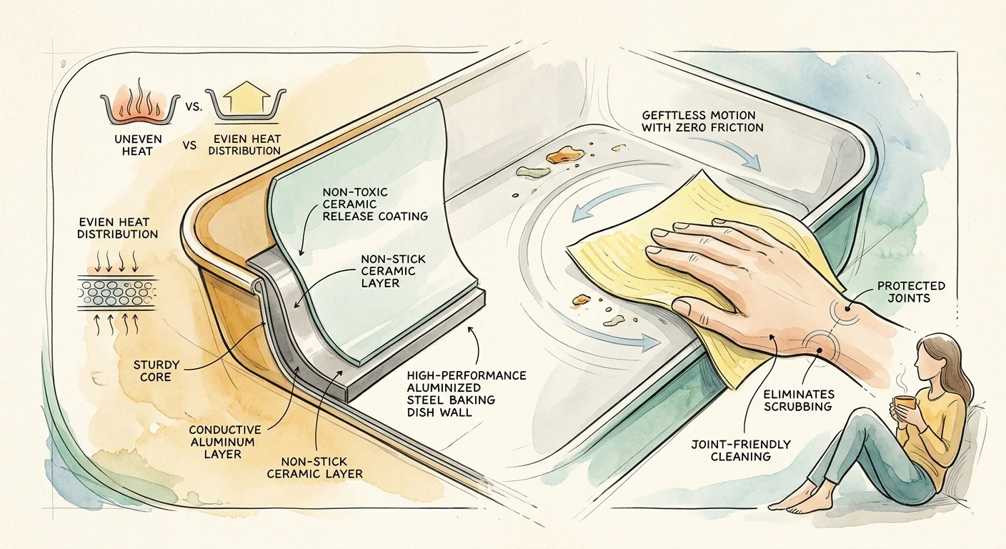 Diagram showing multi-layer non-stick baking pan construction alongside a hand wiping the pan clean with a yellow cloth.