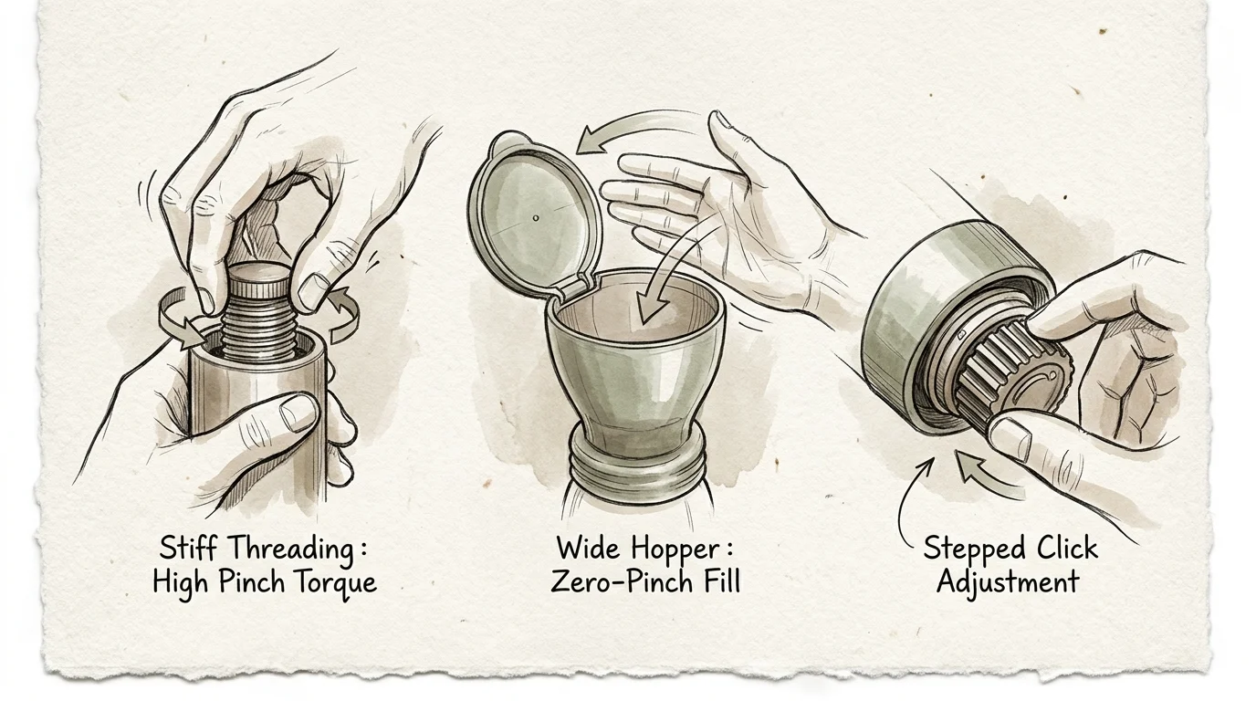 Three sketches comparing stiff threaded locks, a wide hopper with flip lid, and stepped click adjustment mechanisms.