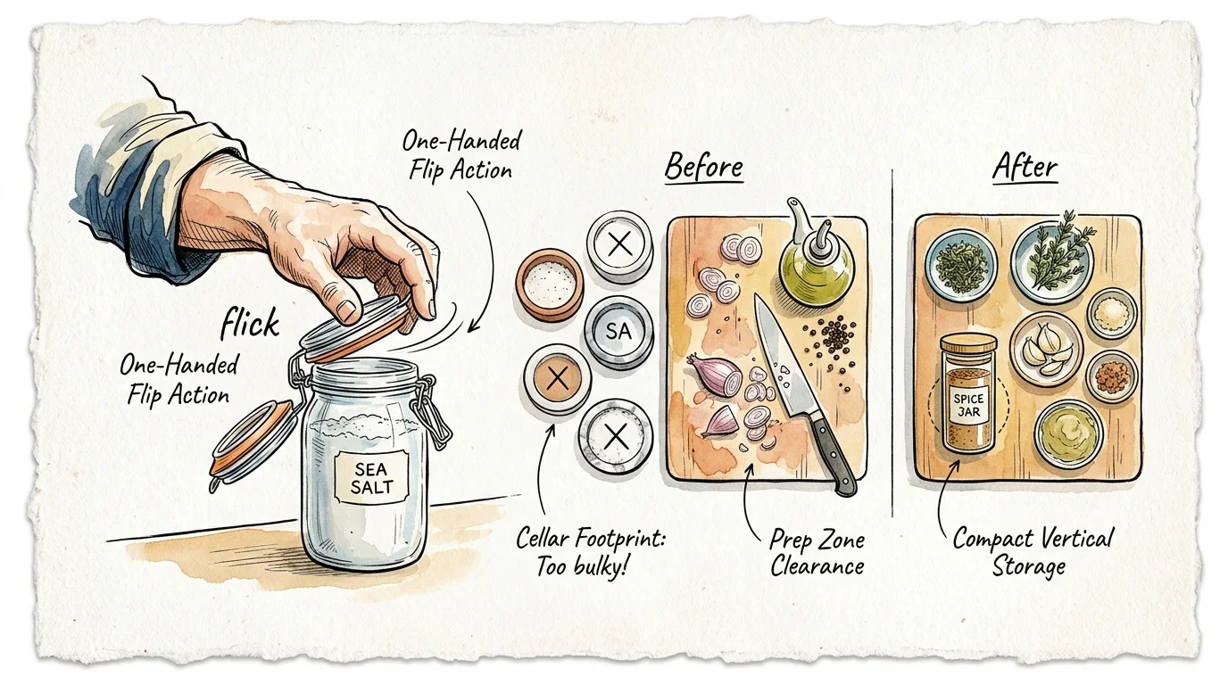 Illustration of opening a flip-top sea salt jar alongside a before-and-after diagram of countertop prep zone organization.