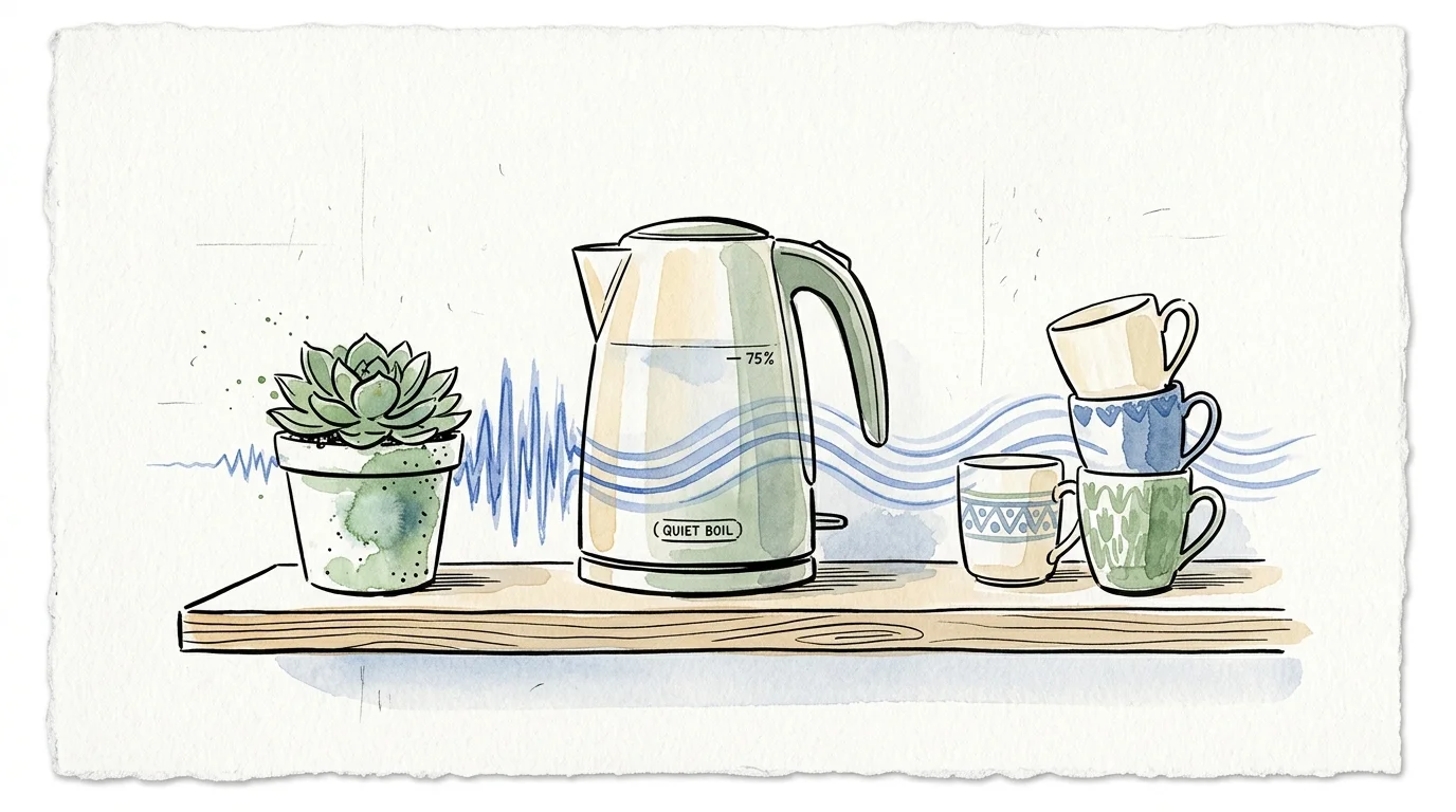 Watercolor illustration of an electric kettle on a shelf with acoustic waves turning from jagged to smooth.