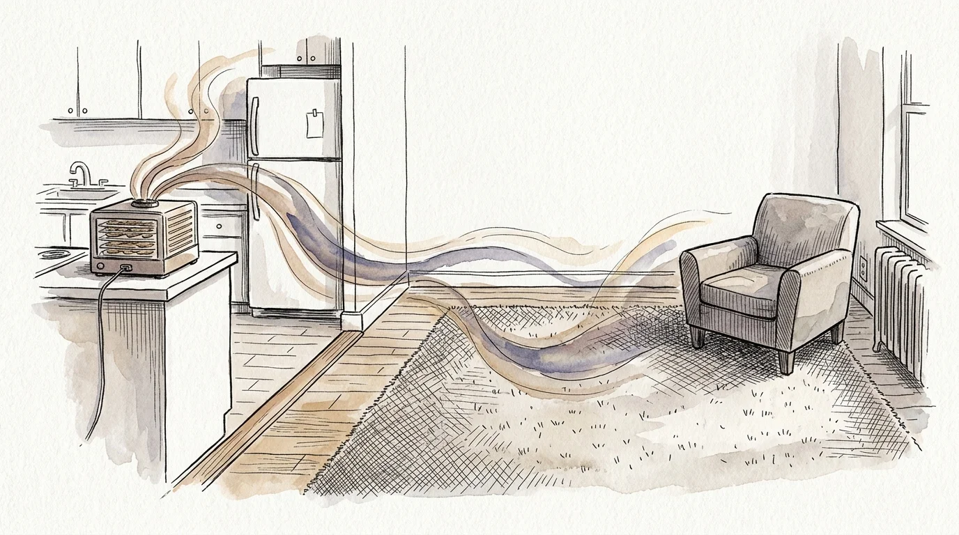 Watercolor illustration of vapor drifting from a food dehydrator on a kitchen counter toward a rug and armchair.