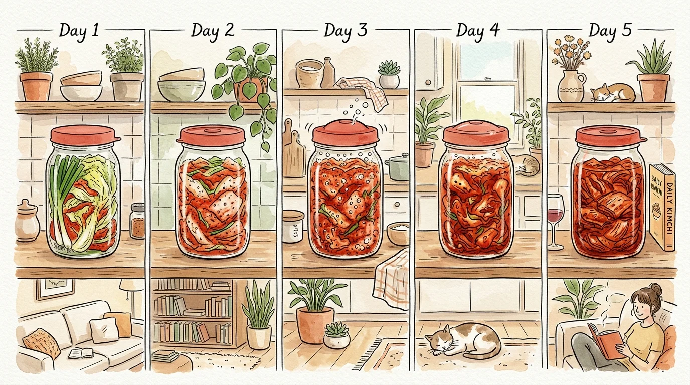 Five-panel comic illustration showing kimchi fermenting and bubbling in a glass jar across Day 1 to Day 5 in an apartment.