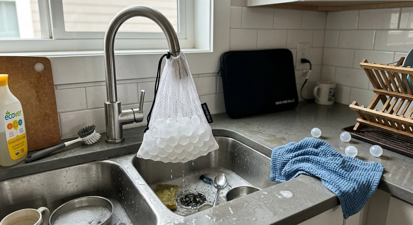 A mesh bag full of white sous-vide balls hangs drying from a kitchen faucet above a sink with stray balls nearby.