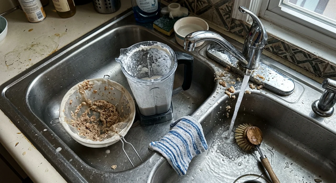 A messy kitchen sink with a dirty blender pitcher, strainer filled with nut pulp, and water running from the faucet.