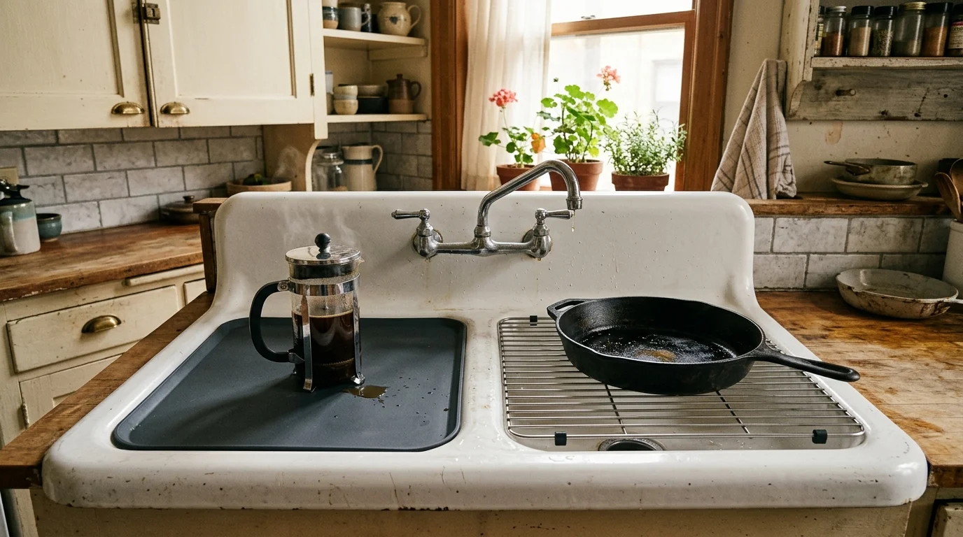 Double-basin vintage porcelain sink with a silicone mat holding a French press and a wire grid holding a cast-iron skillet.